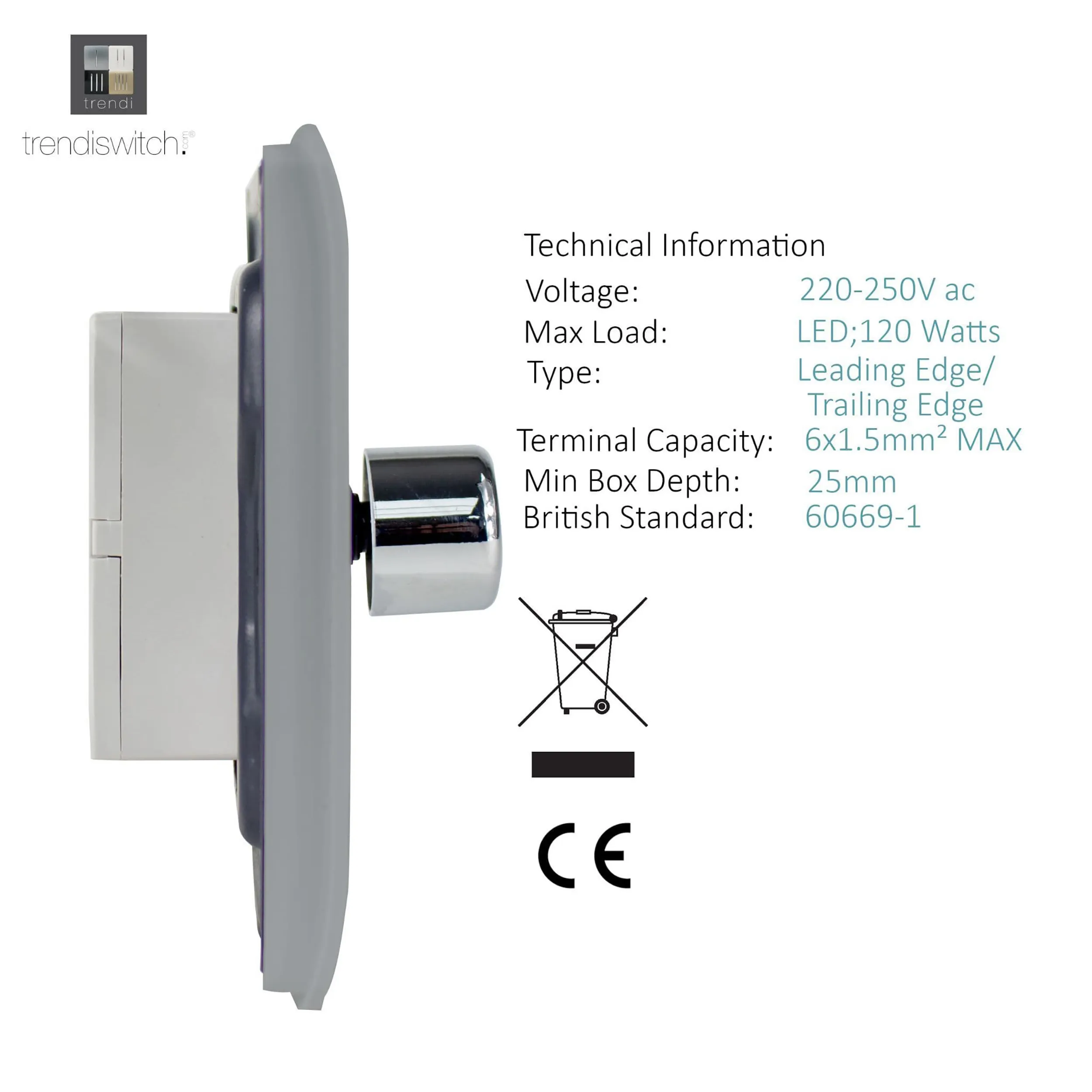 1 Gang 1 Way LED Dimmer Switch Brushed Steel ART-LDMBS  Trendi Brushed Steel